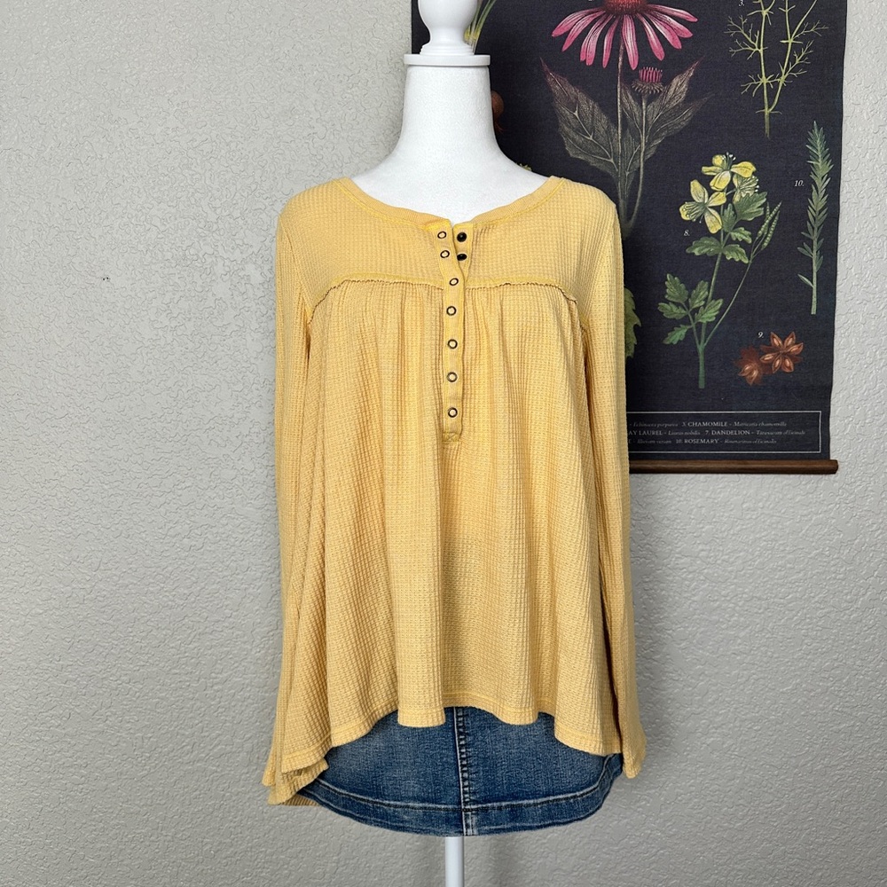 Lucky Brand Ladies’ Golden Yellow Waffle Knit Button-Front Long Sleeved Blouse
